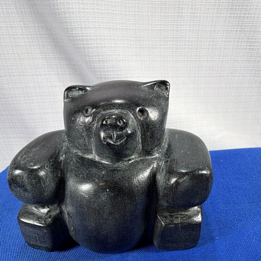 Vintage Hand Carved Soapstone Bear Statue Signed Joy 1999 Primitive Art Figurine